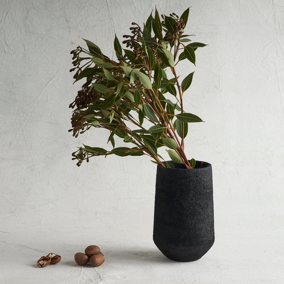 Black matte stone vase - natural textured home decor